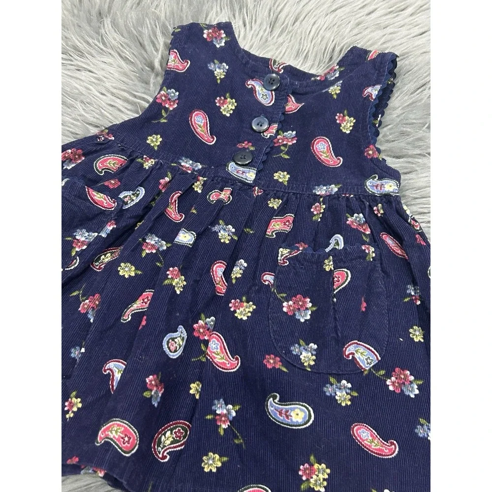 Vintage McKids Girls Navy Blue Corduroy Floral Paisley Sleeveless Dress Size 12m